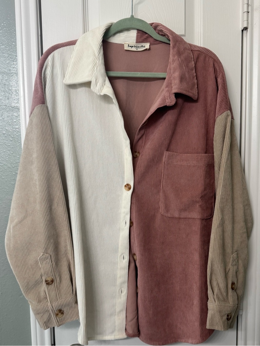 Impressions Colorblock Corduroy Button-Up Shirt in Rose, Cream & Tan